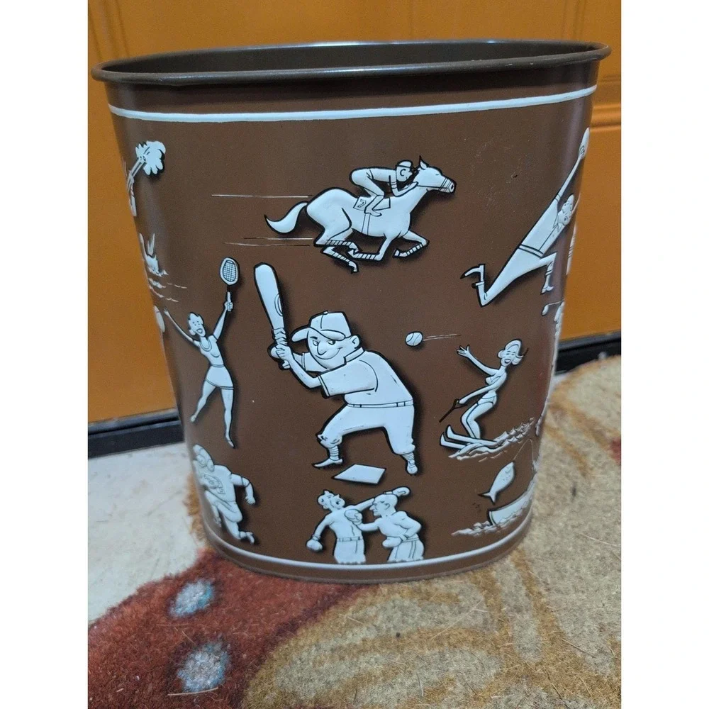 Vtg 60's Weibro MCM Metal Trashcan Sports Baseball Golf Tennis Boxing Hunting